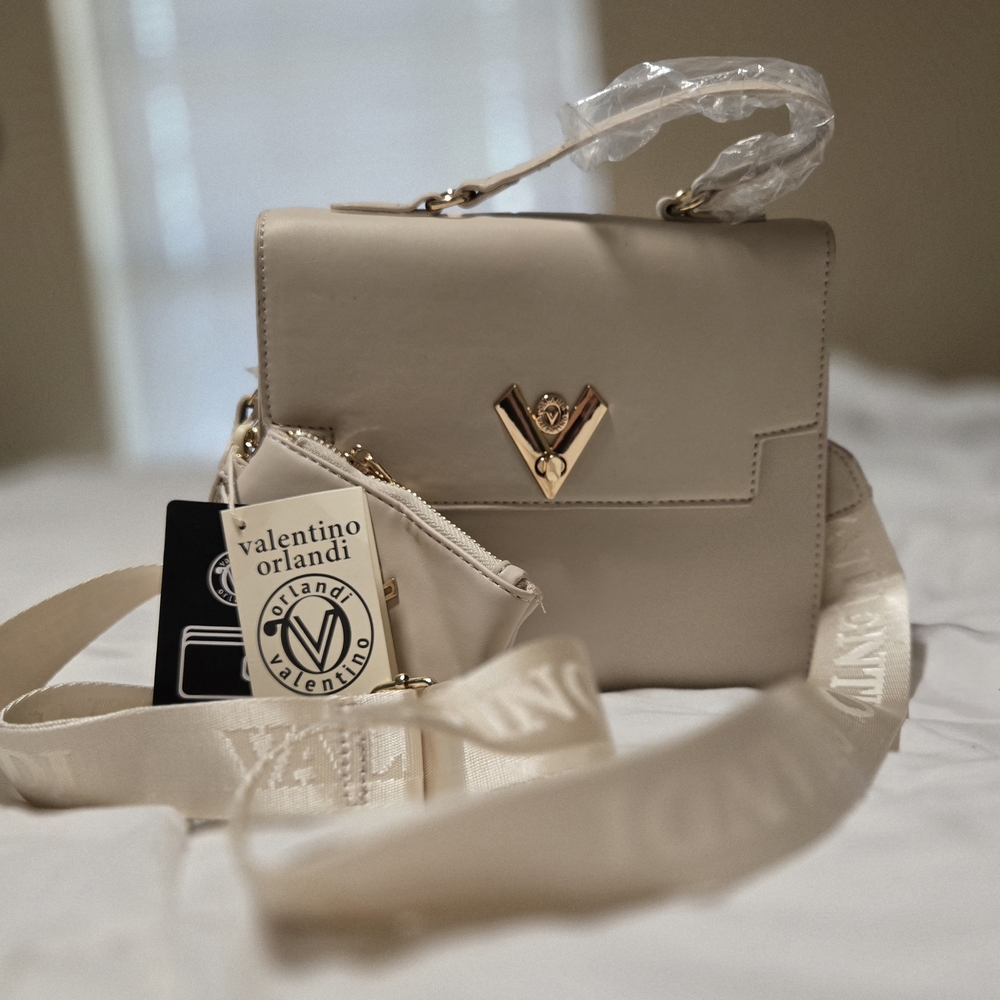 Valentino Orlandi Beige Crossbody Bag with Gold Accent